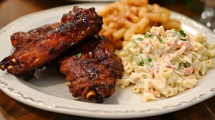 Fried chicken and ribs with coleslaw pasta salad