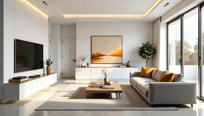 A Living room in modern style with white built-in Tv cabinet.