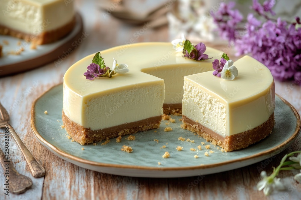 Poster a slice of cheesecake on a plate with a bite taken out, perfect for editing into your next project