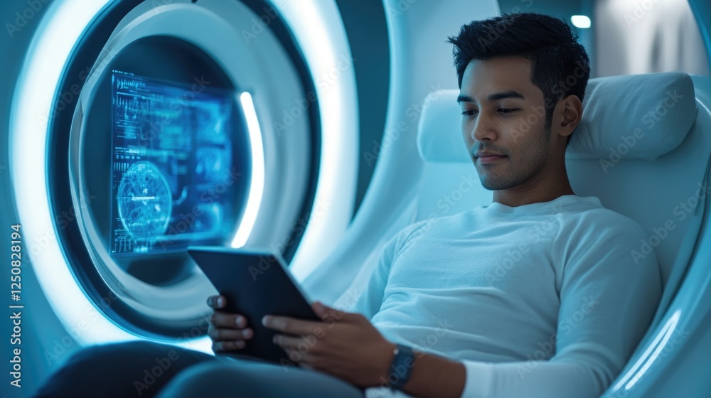 Poster A person sitting in a chair using a tablet computer, great for tech-related concepts or everyday life scenes