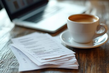 Organized home improvement invoices beside a warm cup of coffee and a laptop. Generative AI