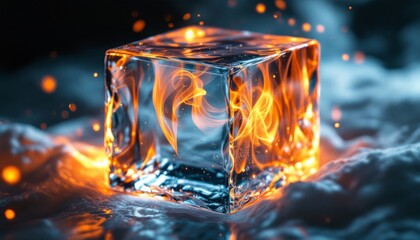 Fiery Ice Cube Abstract Art: A Paradoxical Fusion of Contrasting Elements