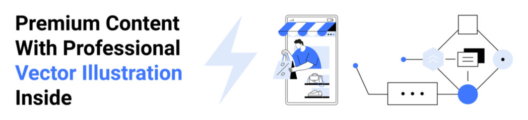 Digital storefront with professional content creation, automation flowchart symbolizing organized processes. Ideal for marketing, ecommerce, business strategy, data analysis, content management