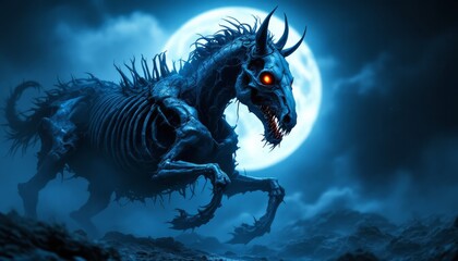 Nightmarish Skeletal Horse Under a Full Moon Digital Art: A Ghastly Spectacle of Bone and Shadow