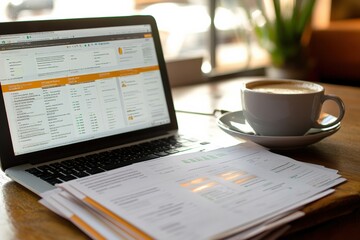 Stacks of improvement invoices beside a laptop and a steaming cup of coffee. Generative AI