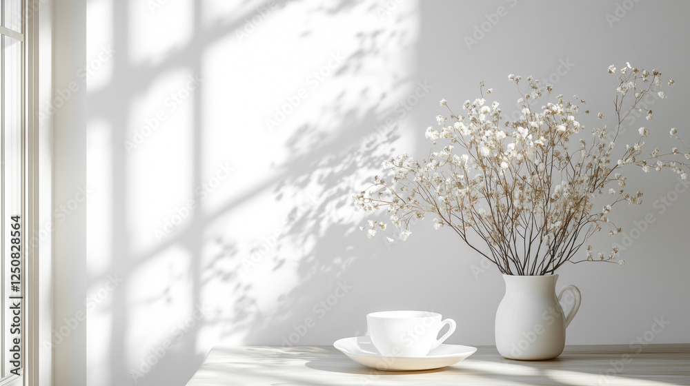 Aufkleber Empty table background with plant and shadows with sunlight with white empty wall and cup