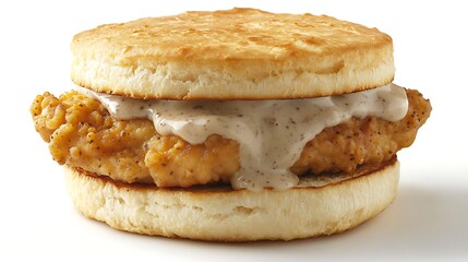 Fried chicken sandwich with sausage gravy on a biscuit