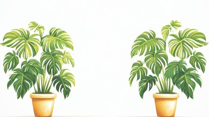 Fototapeta premium Two potted plants with large green leaves against a white background.