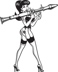 Pinup style girl holding anti tank rocket-propelled grenade launcher 
