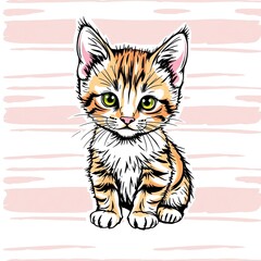 Fototapeta premium Sketch of an Adorable Kitten on Striped Paper