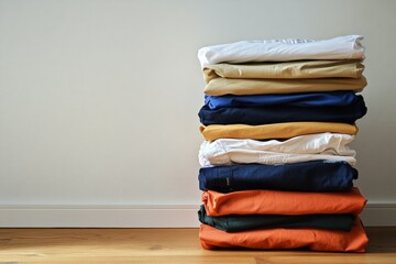 Unopened clothing packages neatly stacked on smooth wooden floor. Generative AI
