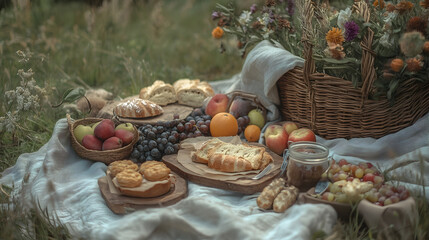 picnic spread with fresh fruits, pastries, and a wicker basket set on a soft linen blanket in a meadow 