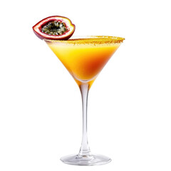 Isolated Tropical Cocktail in Martini Glass Garnished with Passion Fruit