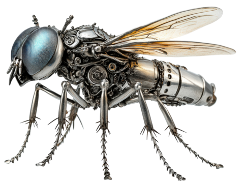 Isolated Steampunk Mechanical Fly with Detailed Gears and Metal, Industrial Design