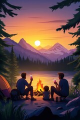friends enjoy a campfire at sunset in nature.
