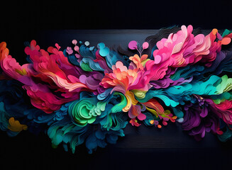 Vibrant abstract artwork with floral-like shapes set against a dark background. Bold colors and flowing lines create a captivating composition.