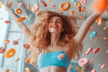 Fototapeta premium Happy woman with open arms enjoying falling doughnuts