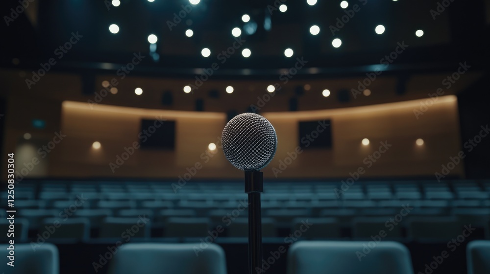 Poster A microphone sits on top of a table in front of a stage, ready for use