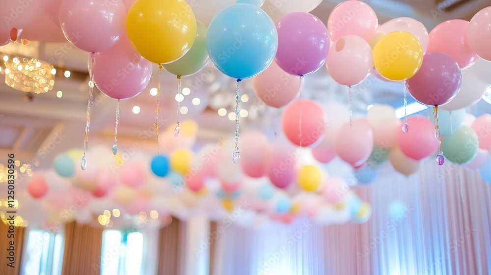 Poster vibrant and colorful display of festive balloons suspended from a ceiling for celebration : generati