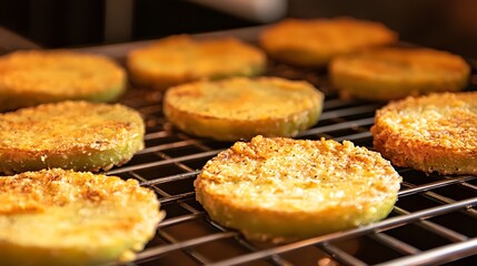Fried green tomatoes on a cooling rack