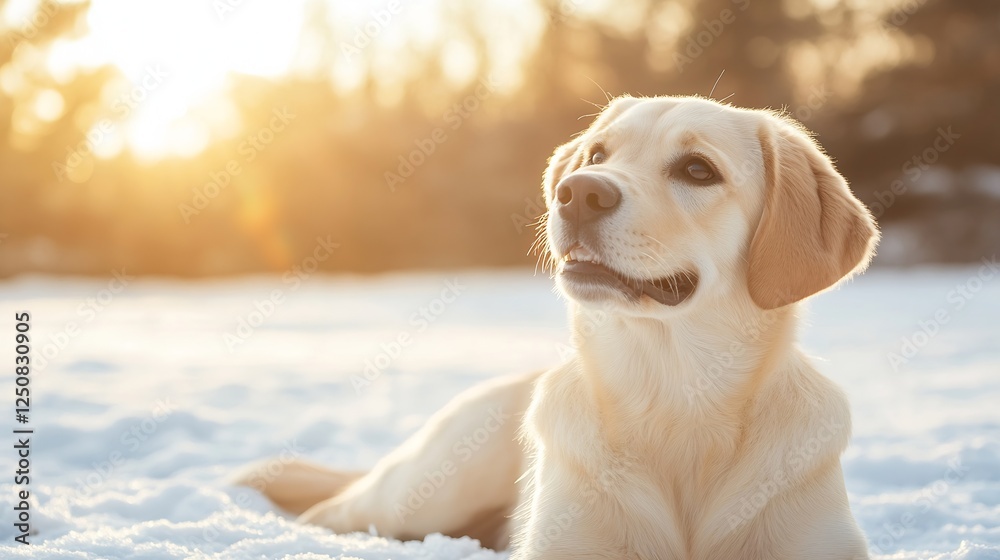 Poster happy golden retriever lounging in the snow during sunset with beautiful warm light behind them : ge