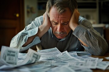 Homeowner struggles with stress from overwhelming bills and financial worries. Generative AI