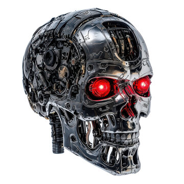 Isolated Terminator Skull with Glowing Red Eyes