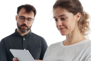 A man and a woman sitting together, both looking at a tablet