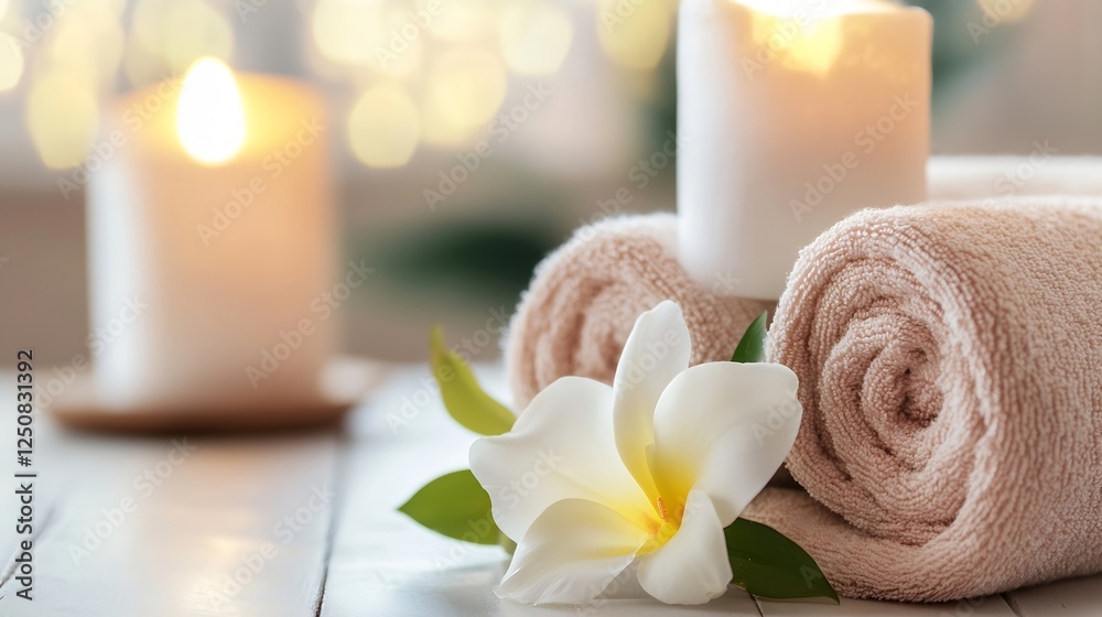 Aufkleber Relaxing spa setting with soft towels candles and a beautiful flower creating a tranquil atmosphere : Generative AI