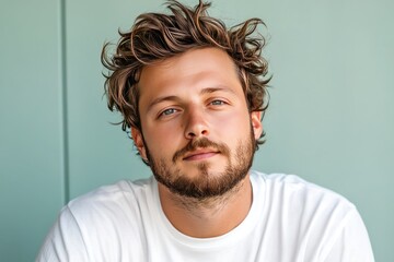 Obraz premium Portrait of a Young Man with Tousled Hair Against a Teal Background