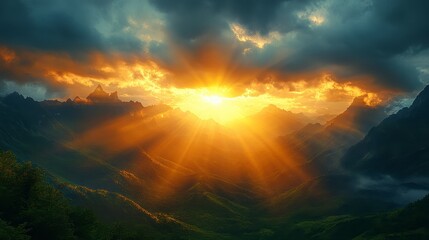 Majestic sunset over mountain range, dramatic cloudscape. Landscape photography for travel brochures