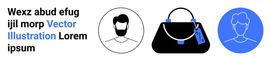 Minimalistic round profile icons of a man and a woman, separated by a modern handbag with tags. Ideal for identity, fashion, retail, gender themes, marketing, lifestyle, branding flat landing page