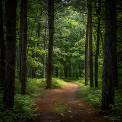 Obraz premium Tranquil Pathways: A Peaceful Walk Through Serene Forest Trails Touched by Gentle Sunlight