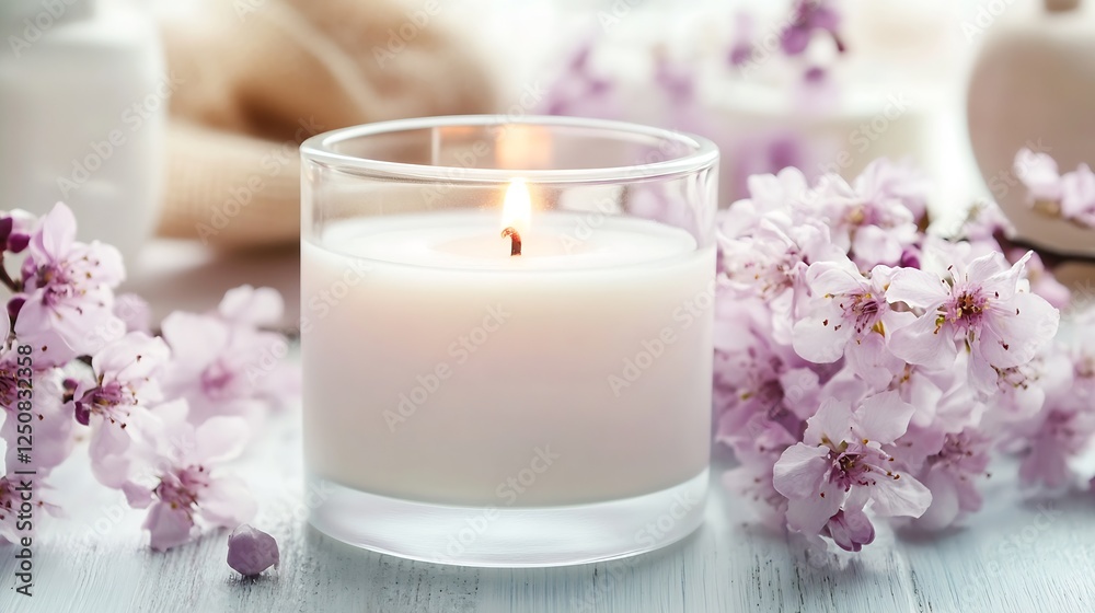 Poster delicate scented candle surrounded by pink flowers creating a serene and calming atmosphere : genera