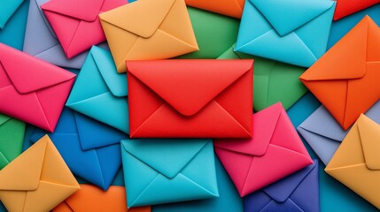 A vibrant collection of colorful envelopes scattered across a surface, creating a lively and eye-catching display perfect for themes of communication and creativity.