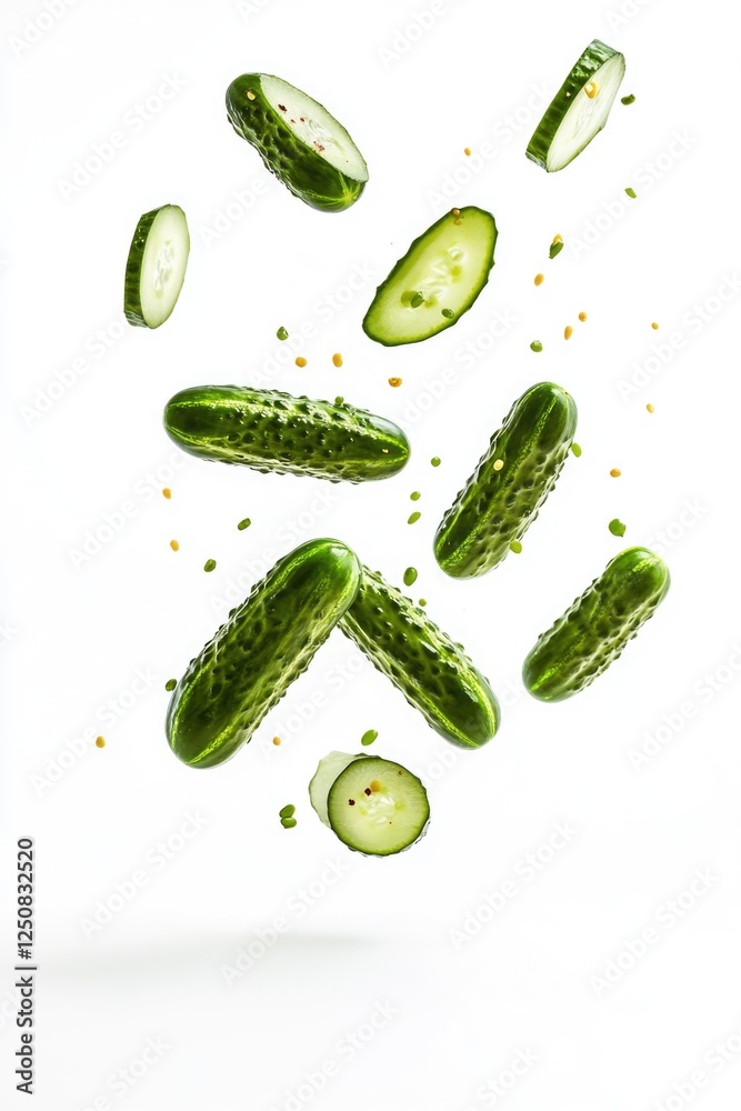 Poster sliced cucumbers floating in air, ideal for use in food photography or illustrations