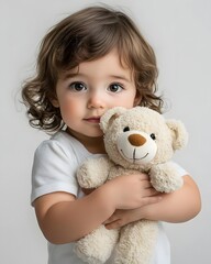 Young child with curly hair holding a teddy bear against a neutral background, evoking innocence and warmth