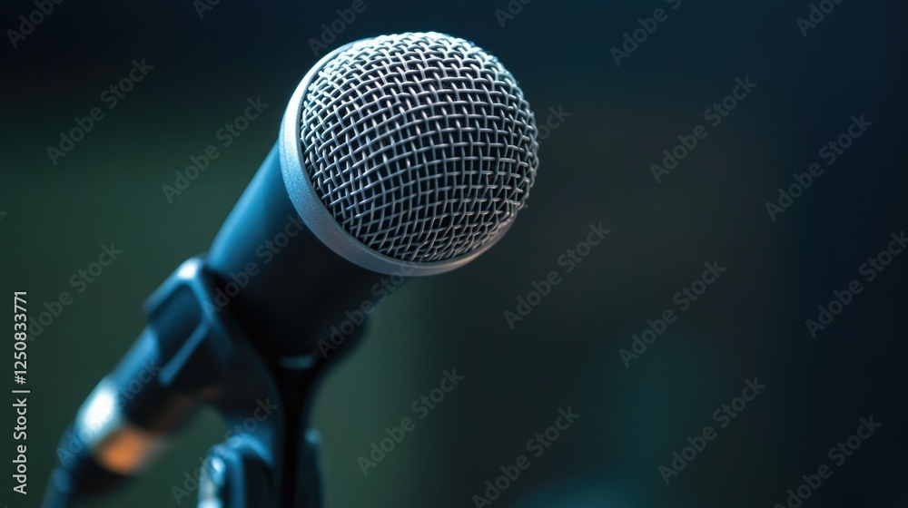 Poster a close-up view of a microphone standing on its holder, ideal for music or recording-related project