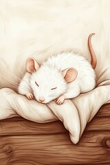 A cute white mouse sleeping on a cozy wooden bed.