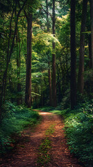 Naklejka premium Tranquil Pathways: A Peaceful Walk Through Serene Forest Trails Touched by Gentle Sunlight