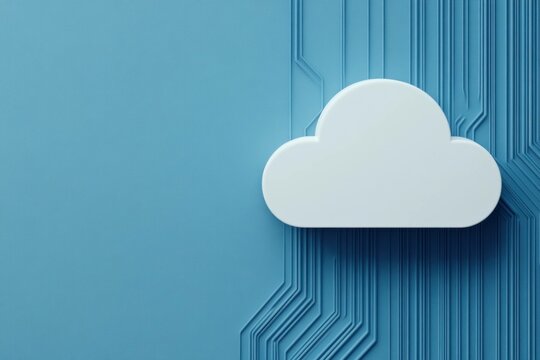 Modern cloud computing concept featuring a white cloud icon on a blue technology themed background with circuit patterns, representing digital innovation and connectivity