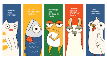 Vertical animal bookmark templates. Bookmark templates with different animals. Bookmark animals cat, fish, frog, llama, chicken.