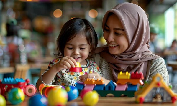 Muslim mother and daughter playing with colorful blocks in cafe