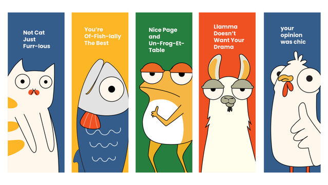 Vertical animal bookmark templates. Bookmark templates with different animals. Bookmark animals cat, fish, frog, llama, chicken.