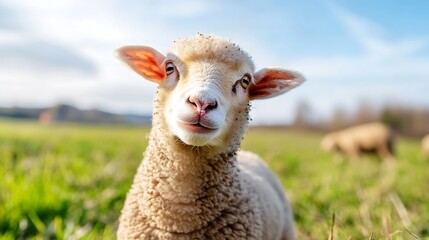 Obraz premium Closeup of a cheerful sheep grazing in a lush green field under a sunny blue sky : Generative AI
