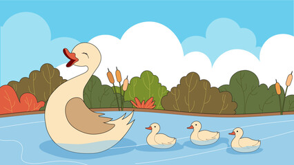 Mother duck swims with her three ducklings in the pond