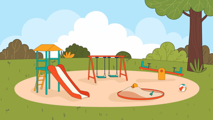 Playground in the park vector illustration. Kindergarten playground with swings, slide, seasaw, sandbox. Flat vector illustration