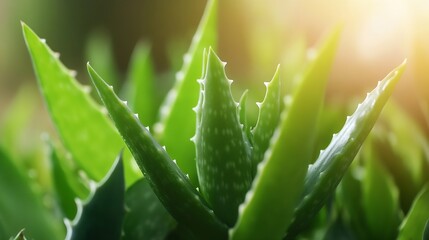 Fresh and Vibrant Aloe Vera Plant Leaves Bathed in Sunlight : Generative AI