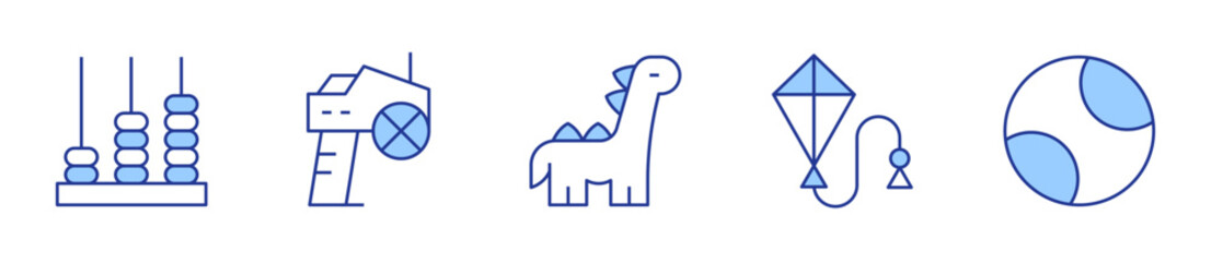 game controller, dinosaur, ball, kid, kite. Toys Icon vector illustration. Line Duotone style. Editable stroke