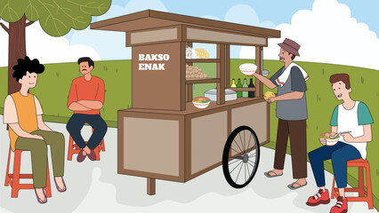 Penjual bakso gerobak Indonesia. Vector Illustration of Indonesian traditional meatball street food stall.